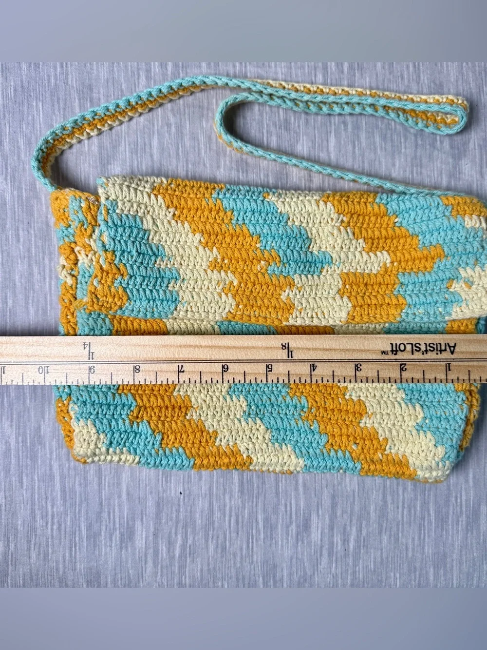 Wild Fable Sky Blue Gold Cream Boho Crochet Clutch Wristlet Crossbody Bag
